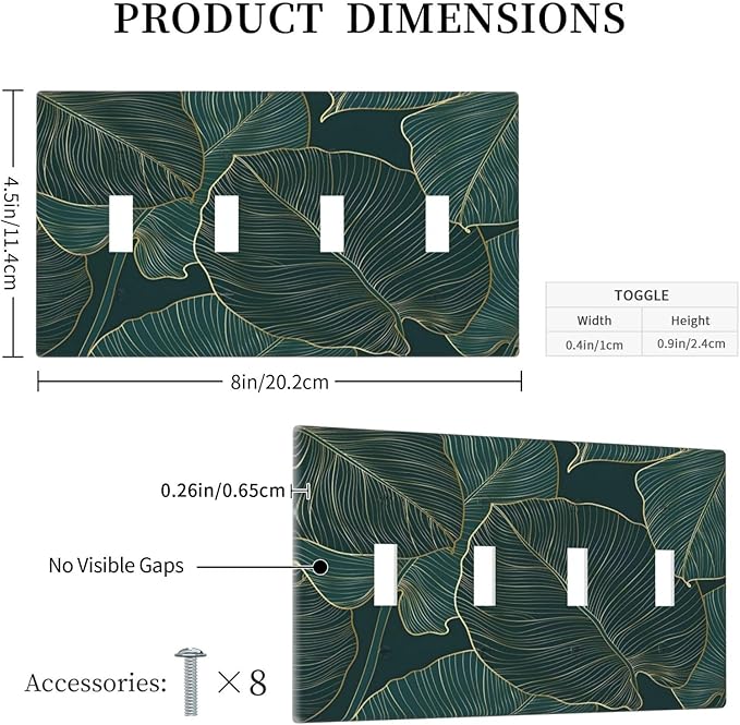 Gold Tropical Green Botanical Palm Leaves Light Switch Covers Quad Toggle Electrical Faceplate 4 Gang Wall Plate Decorative Switch Plates Cover for Bedroom Living Room Decor