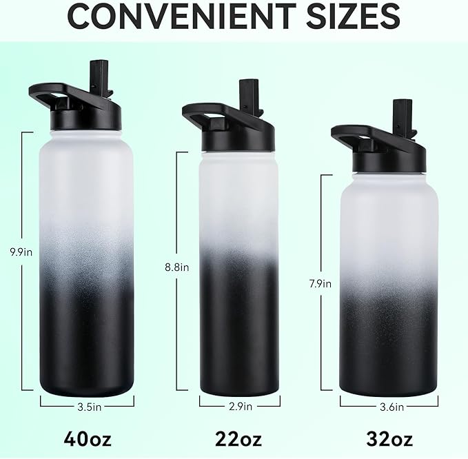 DOMICARE 40 oz Insulated Water Bottle, Vacuum Insulated Stainless Steel Sports Water Bottle with Straw Lid & Spout Lid, Leakproof, Reusable - Travel, Camping, Bike, Black White Gradient