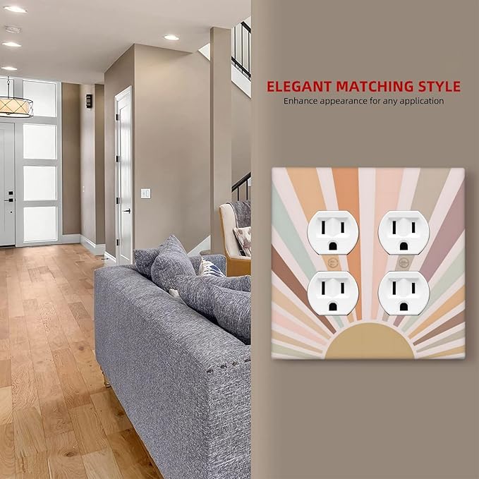 Boho Sun Rainbow Retro Aesthetic Abstract Art Sunrise Sunset Outlet Covers 2 Gang Double Duplex Decorative Light Switch Covers Electrical Wallplates Socket Faceplate for Kids Room Bedroom Decor