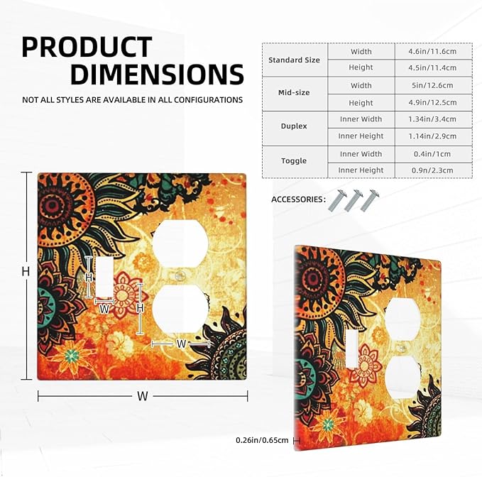 Red Mandala Boho Flower Bohemian Floral Combination 1-Toggle 1-Duplex Receptacle 2 Gang Wall Plate, Burnt Orange Sun Sunflower 2 Gang Combo Single Toggle/Light Switch One Duplex Outlet Faceplate Cover