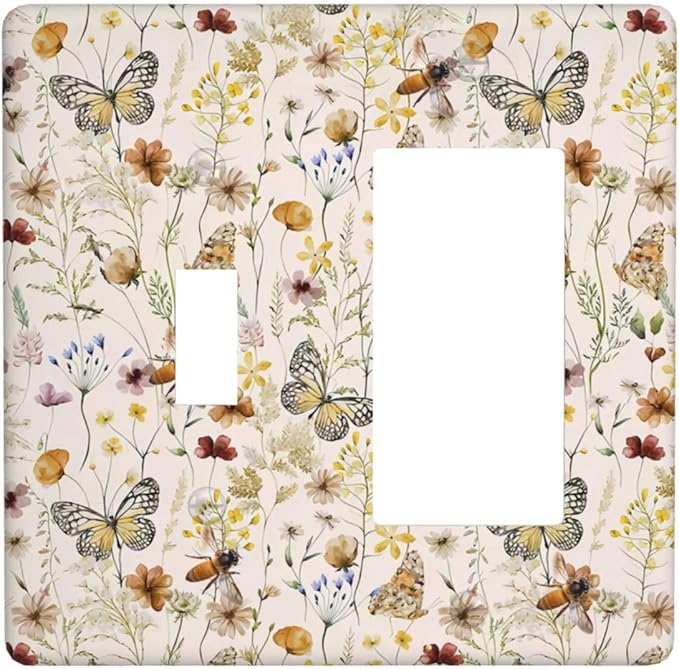 Vintage Butterflies 2 Gang Toggle Rocker Light Switch Cover Decorative Colorful Wildflower Combin Wall Plates Cute Bees Art Panel Beige Flower Leaves Dimmer Decor for Bedroom Kidroom