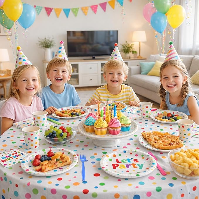 Kinovo 96 Pcs Happy Birthday Paper Plates Tableware Set (Serves 24), Birthday Dots Dots Design Supplies Set Include Plates Napkins Forks for Party