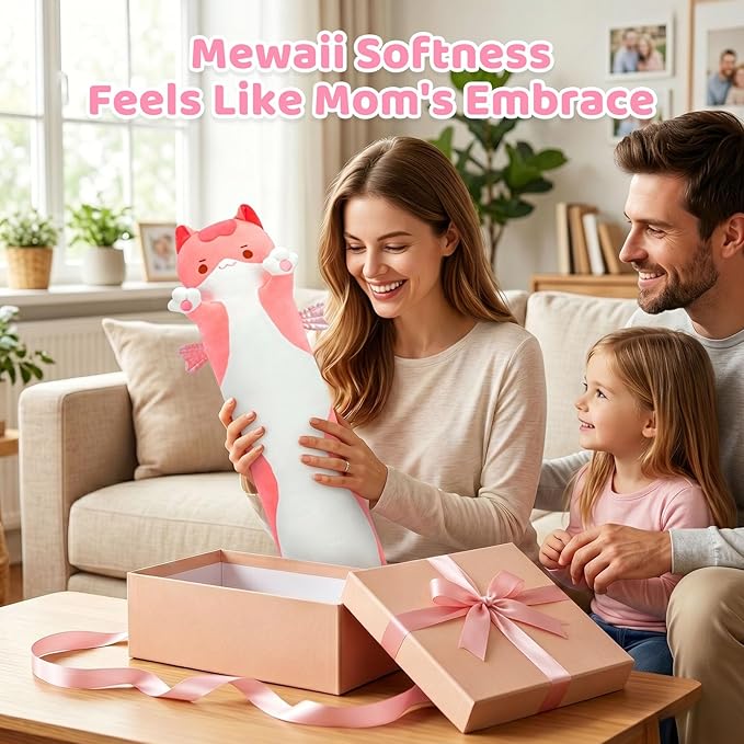 Mewaii Long Cat Plush 5 Sizes, 120% Extra Filling Giant Plushness Kids Body Pillow, Kawaii Cute Pink Cat Stuffed Animals Plushies, Big Long Body Pillow Cat Plush Gift for Girls 28”