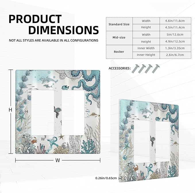 Sea Turtle Octopus Ocean Underwater Animal 2 Gang Rocker Decora Light Switch Covers Decorative Unique Dual Outlet Covers Wall Plate Electrical Faceplate Switchplate GFCI for Bedroom Bathroom Decor