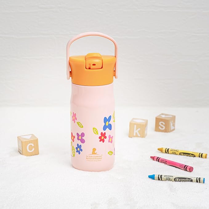 Zak Designs Harmony Kid Water Bottle Benefiting St. Jude, For Travel or At Home, 14oz Stainless Steel is Leak-Proof When Closed and Vacuum Insulated (Floral)