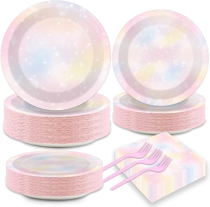 200pcs Pastel Rainbow Party Plates Napkins Pastel Paper Tableware Set Rainbow Cloud Cake Dessert Disposable Dinnerware Themed Party Decoration for Baby Shower Birthday Decor Supplies Serves 50