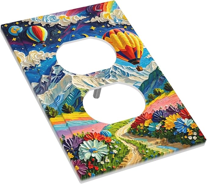 Hot Air Balloons Floral Vibrant Colors Flowers Mountains Stars Moon Outlet Covers 1 Gang Duplex Electrical Receptacle Faceplate Light Switch Cover Wall Plate Decorative Switch Plates for Bedroom