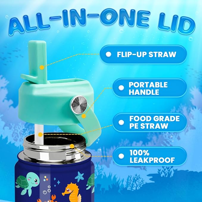 Kids Water Bottle with Straw Lid - 12 Oz Insulated Stainless Steel Ocean Water Bottles for Kid Boys Girls - Travel Cup for School Sports