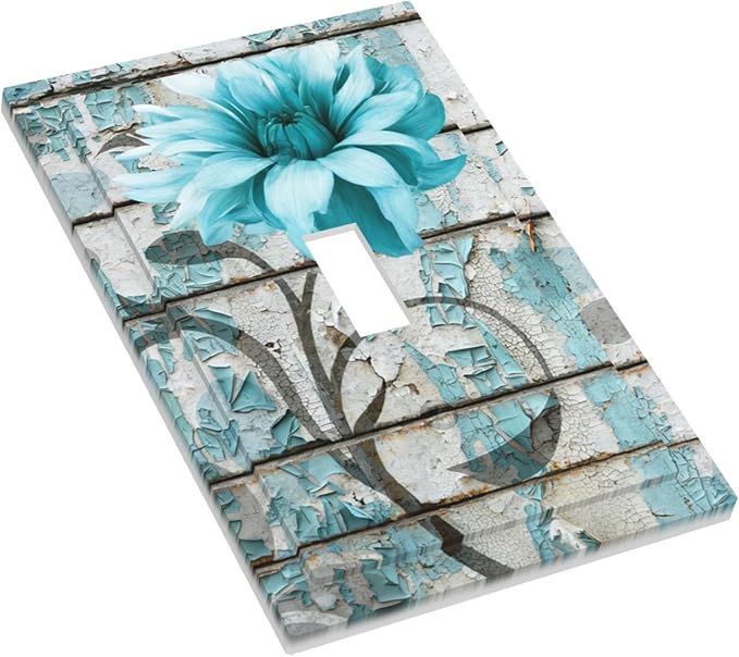 Vintage Floral 1-Gang Toggle Light Switch Plate, Rustic Farmhouse Teal Flower Distressed Brick Decorative Wall Plate for Bedroom Bathroom Decor