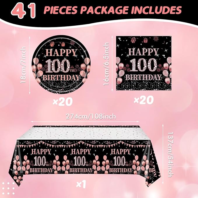 41Pcs 100th Birthday Decorations for Women, Vintage 100 Birthday Black and Rose Gold Disposable Paper Plates and Napkins Party Supplies for 20 Guests, 41Pcs Include 7" Plates Napkins and Tablecloth