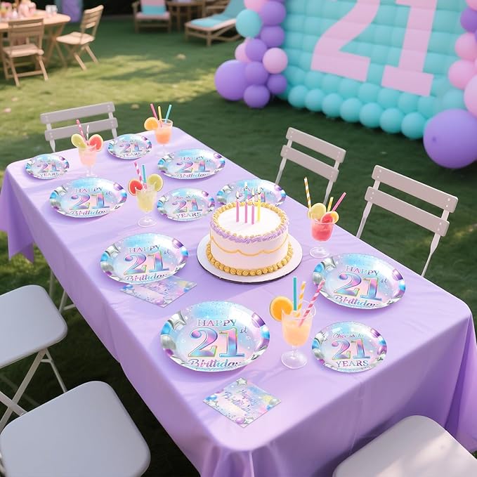 Grencian 96Pcs 21st Birthday Decorations Iridescent 21st Birthday Party Plates Disposable 350GSM Cheers to 21 Years Paper Tableware Set for Girls Women 21 Years Old Party Supplies Serves 24