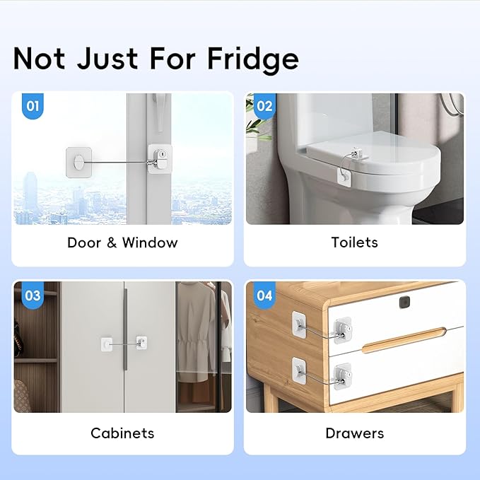 4 Pack Refrigerator Locks with Keys for Kids and Adults, Self Adhesive Child & Baby Proofing Fridge Latch for Double Door, French Door, Cabinets and Drawers, Oven, Windows (Patent)
