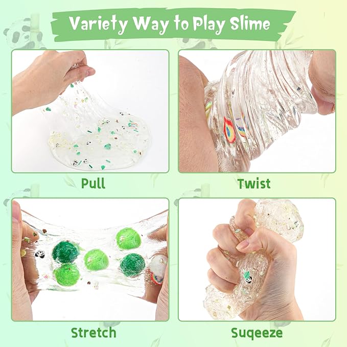 10 FL OZ Panda Clear Slime Bucket, Big Slime Kit with Clay, Slimes Party Favors for Kids, Glimmer Crunchy Slimes Includes 9 Packs of Add-ins, Sensory Experience DIY Toys for Girls and Boys Ages 8-12
