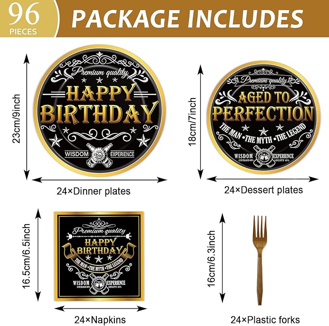 96 Pcs Aged to Perfection Party Plates Napkins Tableware Set Vintage Theme Birthday Supplies Disposable Dinnerware Black Gold Happy Birthday Party Decoration Favors for Men, 24 Guests