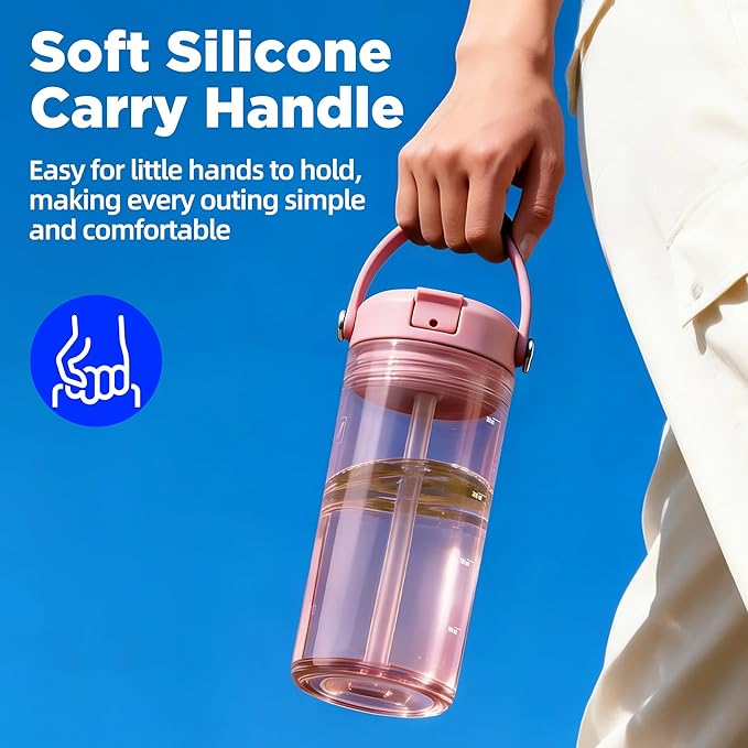 12oz Kids Water Bottle, BPA Free Thick Tritan Plastic Reusable, Clear Water Bottle with Straw, Leakproof Lid, Dishwasher Safe, Boy girl for School,Travel Pink