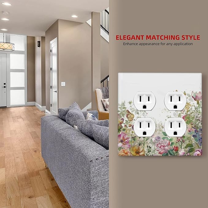 Outlet Covers Boho Wildflower Colorful Floral Butterfly 2 Gang Double Duplex Decorative Light Switch Covers Electrical Wallplates Socket Faceplate For Bed Room Living Room Decor
