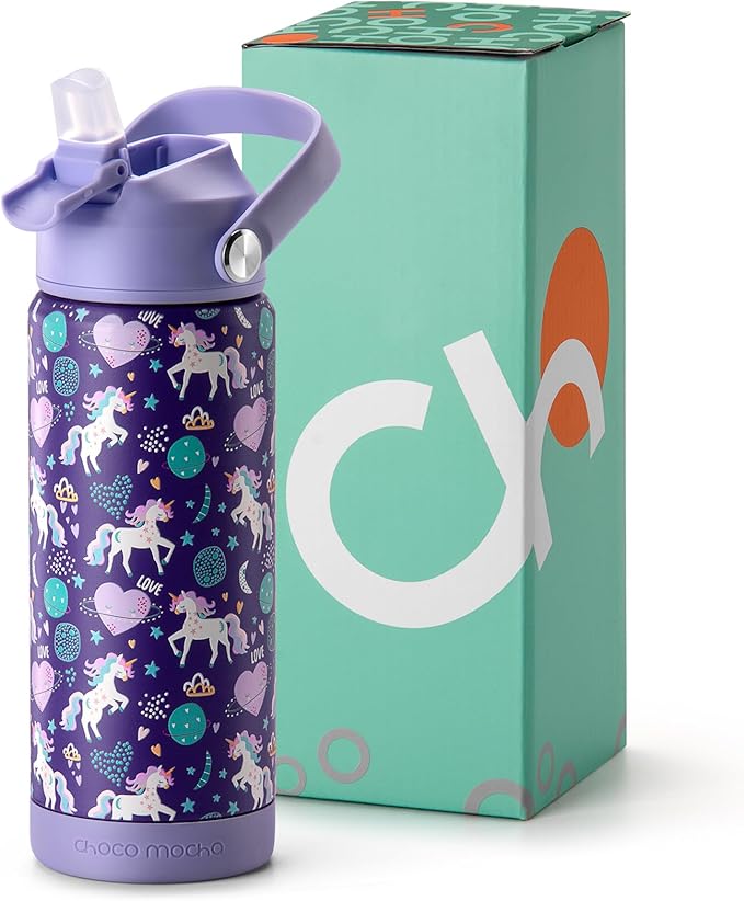 Choco Mocha Kids Water Bottle For School, Kids Insulated Unicorn Water Bottle Stainless Steel, Girls Water Bottle 18Oz, Purple