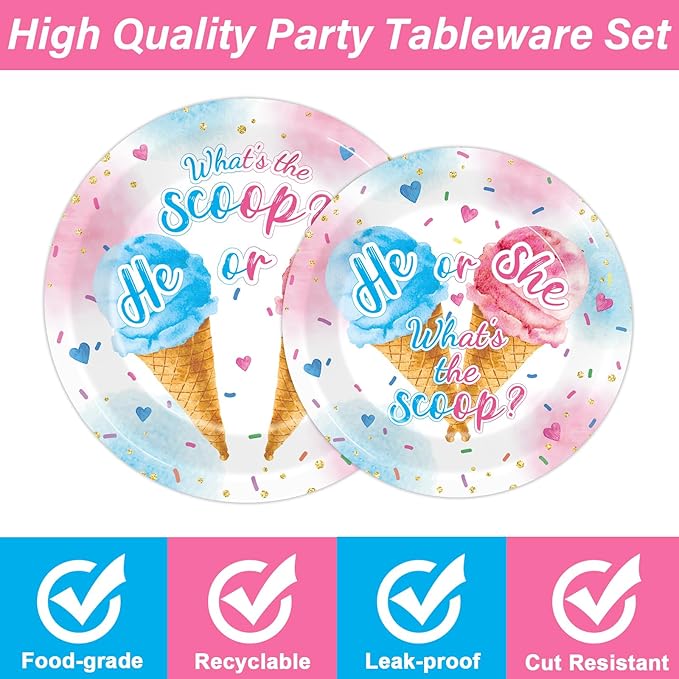 96PCS Ice Cream Gender Reveal Party Paper Tableware What's the Scoop Gender Reveal Plates Party Supplies for Summer Ice Cream Theme He or She Boy or Girl Baby Shower Dinnerware Plates Napkins Forks