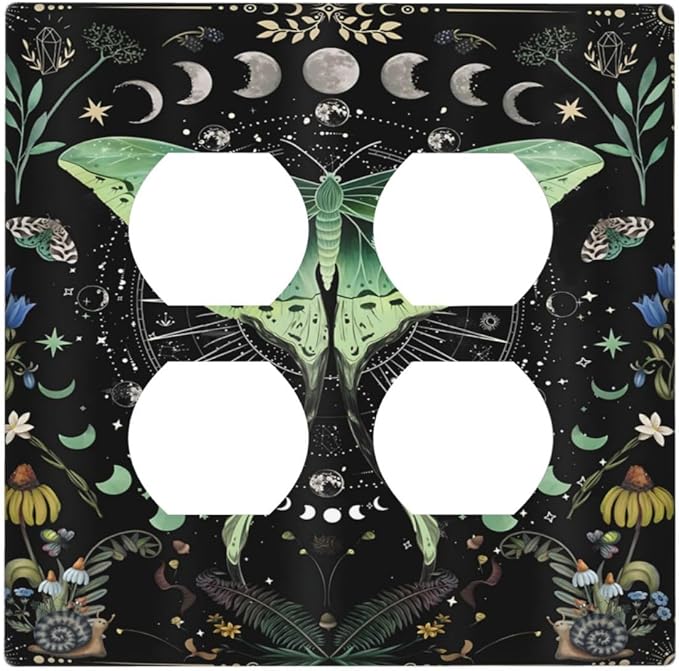 Moon Phase Butterfly Wildflower Plant Mysterious Night Moonlit Outlet Covers 2 Gang Double Duplex Decorative Light Switch Covers Electrical Wallplates Socket Faceplate for Bedroom Living Room Decor