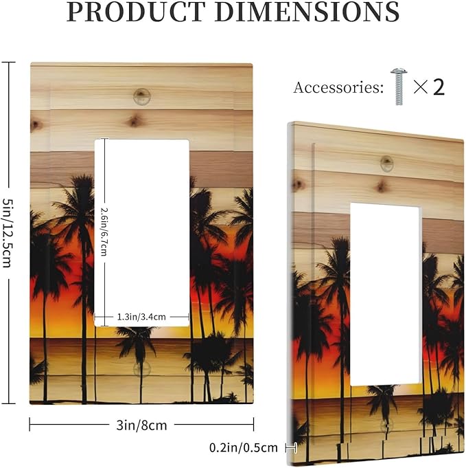 Sunset Beach Coconut Palm Tree Wooden Background Decorative Outlet Covers 1 Gang Single Rocker Light Switch Cover Plate Wall Plates GFCI Faceplate for Bedroom Living Room Decor