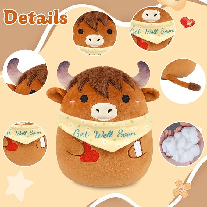 Get Well Soon Highland Cow Stuffed Animal, Get Well Gifts for Kids Women, 8 Inch Kawaii Cow Plush Get Well Soon Stuffed Animal, Feel Better Gifts for Kids