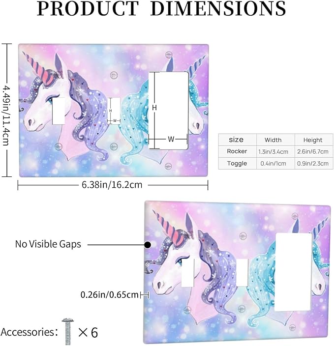 Dreamy Purple/Blue Rainbow Unicorn 3-Gang Combination Double Toggle/Single Decorator Outlet Wall Plate Cute Kid Girls Electric Decorative 2-Toggle 1-Rocker/GFCI Combo Light Switch Cover (Not Glitter)