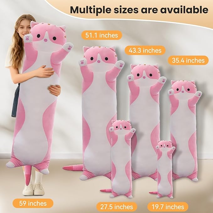 Cute Cat Plush Long Body Pillow – Soft Cartoon Stuffed Animal Doll, Kawaii Cat Plushie Cuddle Toy for Kids, Girls & Girlfriend (Pink, 43.3 Inch)