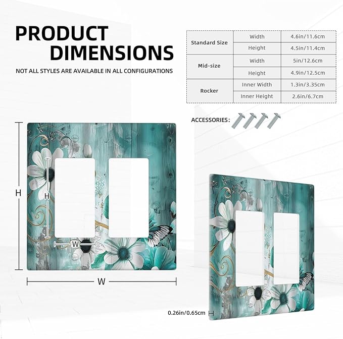 Decorative Outlet Covers Turquoise Flowers and Butterflies Rustic Teal White Floral 2 Gang Wall Plate Double Rocker Decora Light Switch Cover Plate Dual Electrical GFCI Switch Plate Cover