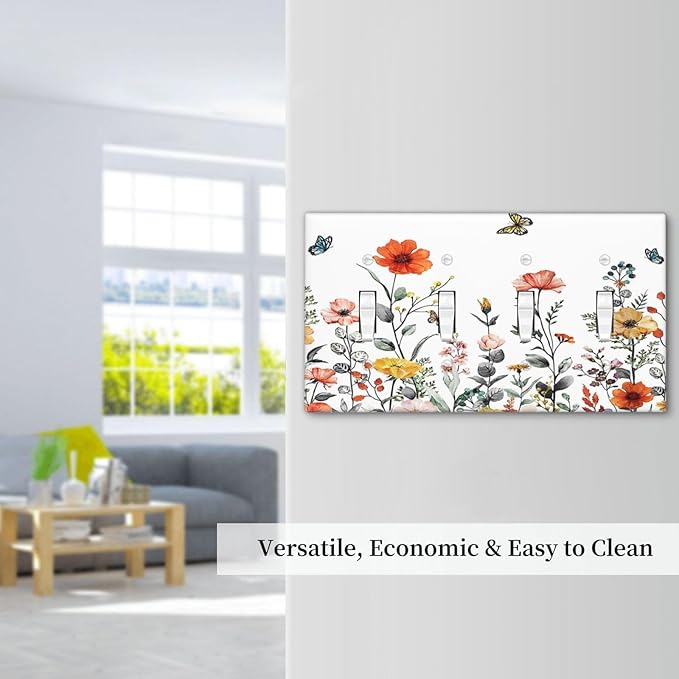 Colorful Butterfly Blossom Flower Floral Decorative 4 Gang Quad Toggle Light Switch Cover Electric Large Size Quadruple Faceplate Decorative Switch Face Wallplate
