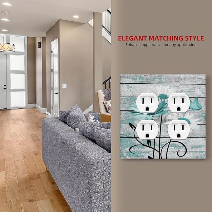 Teal White Daisy Flower Butterfly On Rustic Wood Board Outlet Covers 2 Gang Double Duplex Decorative Light Switch Covers Electrical Wallplates Socket Faceplate for Farmhouse Bedroom Decor