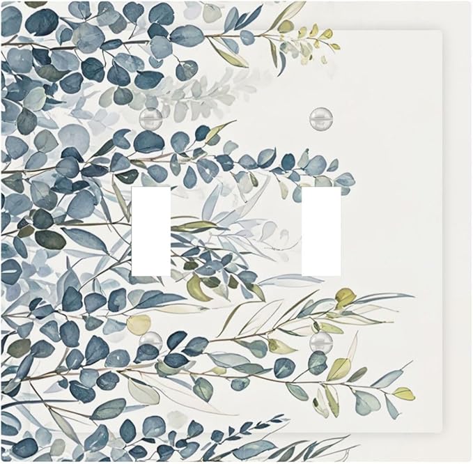 Decorative Switch Plate Cover with Green & Blue Watercolor Eucalyptus Botanical Foliage Design 2 Gang Wall Plate Unique Double Toggle Double Light Switch Covers for Contemporary Living Room