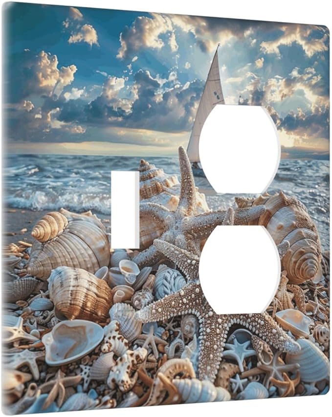Decorative Outlet Covers Ocean Sea Beach Starfish Seashell Sailboat Sunset 2 Gang Wall Plate Single Toggle Duplex Light Switch Cover Switch Plate Covers Faceplate for Bedroom Home Decor