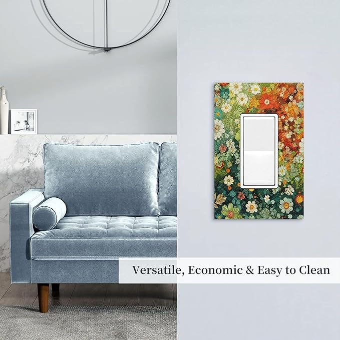Light Switch Cover Plate Colorful Flowers Green Plants Meadow Floral 1 Gang Outlet Covers Single Rocker Decorative Switch plates Electrical Wall Plates GFCI Receptacle for Bathroom Bedroom