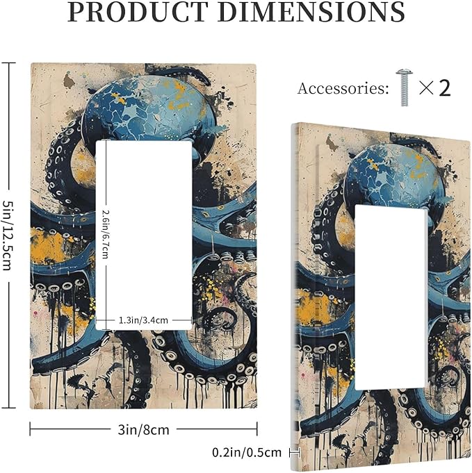 Decorative Outlet Covers Nautical Vintage Blue Octopus Yellow Eyes Oil Watercolor 1 Gang Single Rocker Light Switch Cover Plate Wall Plates GFCI Faceplate for Kids room Nursery Decor