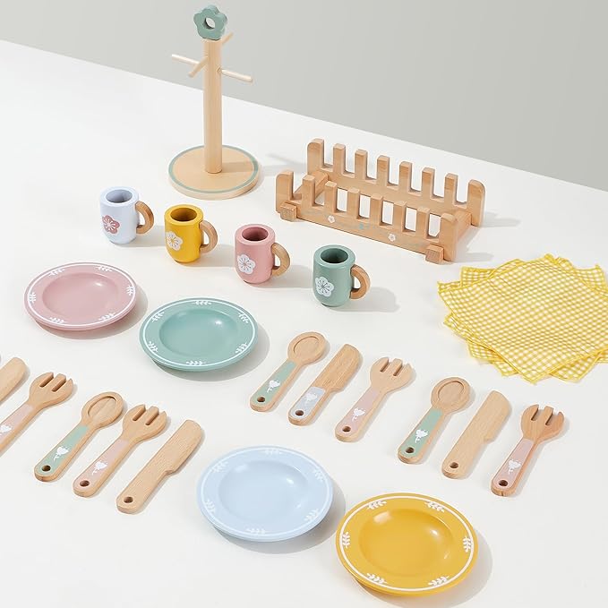 Toyssa Wooden Play Kitchen Accessories Montessori Toys for Toddlers 3-5, Play Dishes for Kids Kitchen with Realistic Dishes & Plates & Tableware, Christmas Birthday Gifts for 3 4 5 6 Years Girls Boys