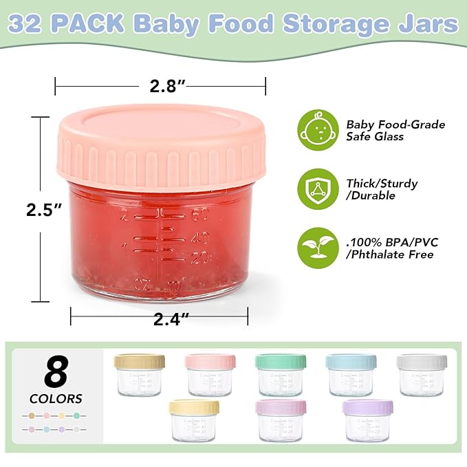 RowinsyDD 32-Pack Leakproof 4oz Glass Baby Food Jars With Lids - BPA Free, Freezer & Microwave Safe