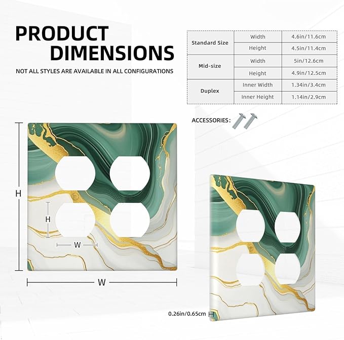 Outlet Covers Turquoise Marble Texture Golden Lines 2 Gang Double Duplex Decorative Light Switch Covers Electrical Wallplates Socket Faceplate For Bed Room Bathroom Decor