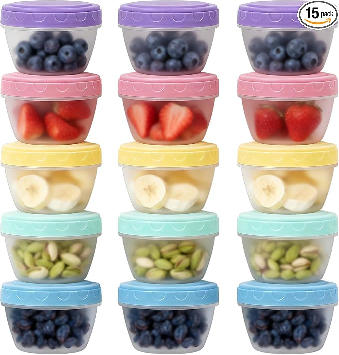Small Food Containers with Lids for Baby Toddler 4 oz, 15 Pack Easy Open Ultra Thick Reusable Plastic Freezer Kids Food Storage Box for Snack Lunch Daycare School, Measuring, Dishwasher Safe, BPA Free