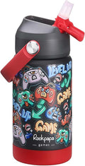 rockpapa 14 oz Kids Insulated Water Bottle，Stainless Steel Toddler Cups with Straws, BPA Free, Leak-Proof, Kids Water Bottle for School Boys&Girls (Black Games)