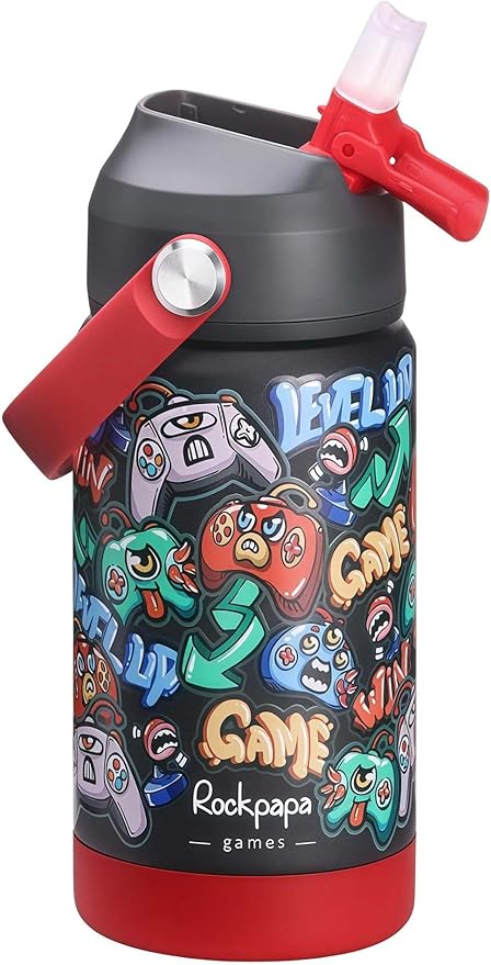 rockpapa 14 oz Kids Insulated Water Bottle，Stainless Steel Toddler Cups with Straws, BPA Free, Leak-Proof, Kids Water Bottle for School Boys&Girls (Black Games)