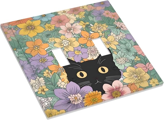 Decorative Switch Plates Funny Cute Cartoon Cat Floral Colorful Flower 2 Gang Double Toggle Outlet Light Switch Cover Wall Plate Electrical Faceplate For Kids Room Nursery Decor