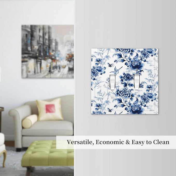 Blue Flower White Floral Plant Bird Butterfly Decorative Switch Plates 2 Gang Double Toggle Outlet Light Switch Cover Wall Plate Electrical Faceplate for Bedroom Living Room Decor