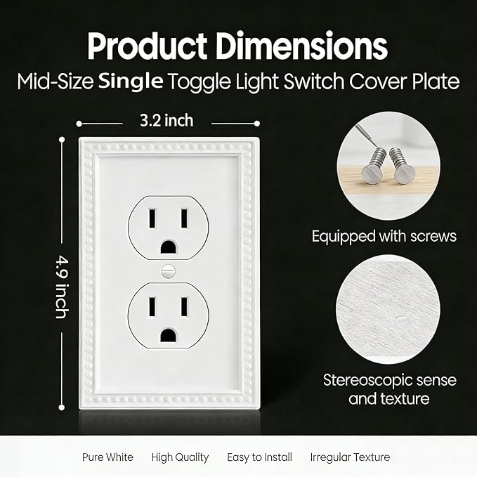 ZEFTV 20 Pack Mid-Size Duplex Wall Plates 1-Gang Switch Outlet Electrical Cover Plate Unbreakable Thermoplastic Faceplate for Light Receptacle Outlet Switch, Classic Beaded Relief Design, White