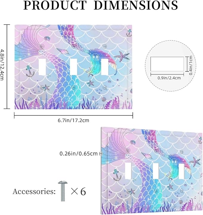 Cute Cartoon Pink Blue Coral Mermaid Scales 3 Gang Outlet Light Switch Cover Face Plate, Purple Marine Anchor Starfish Seashell Mermaid Tail Triple Toggle Switch Wallplate for Girl Kids Bedroom Decor