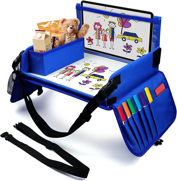 Travel Tray for Kids, Carseat Table Tray for Road Trip Activities, Toddler Lap Desk Organizer for Airplane - Blue