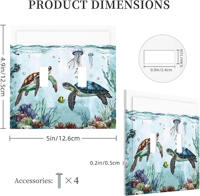 Sea Turtles Sea Coral Seaweed Ocean Jellyfish Decorative Switch Plates 2 Gang Double Toggle Outlet Light Switch Cover Wall Plate Electrical Faceplate for Kids Room Bathroom Decor