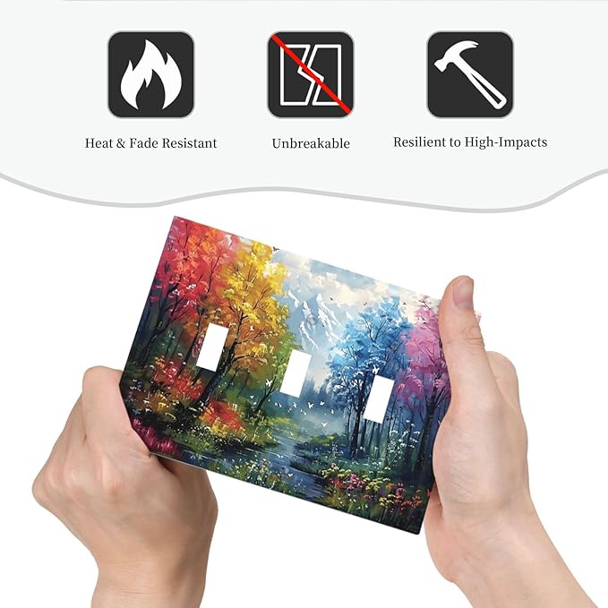 Colorful Forest Snow Mountain River Oil Painting Style Decorative Switch Plates 3 Gang Wall Plate Triple Toggle Light Switch Cover Faceplate Electrical Wall Panels for Bedroom Living Room Decor