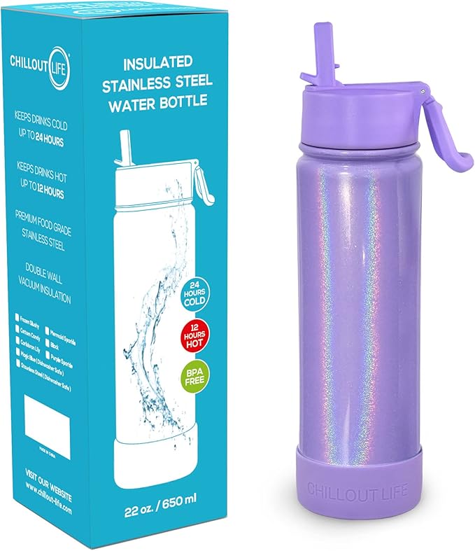 CHILLOUT LIFE 22 oz Kids Insulated Water Bottle for School with Straw Lid Leakproof and Cute Waterproof Stickers, Personalized Stainless Steel Thermos Flask Metal Water Bottle, Purple Sparkle