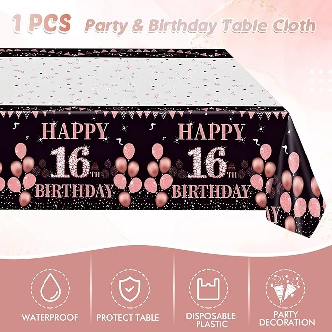 41Pcs 16th Birthday Party Decorations for Girls Her, Rose Gold Birthday Supplies Include 20 Plates 20 Napkins and 1 Tablecloth, Sweet Sixteen Year Old Birthday Party Tableware for Girls Kids Children