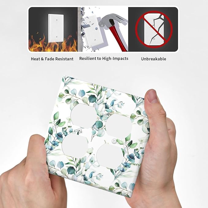 Green Eucalyptus Leaves 2 Gang Double Duplex Combination Light Switch Cover Spring Neutral Olive Sage Leaf Decorative Two Gang Dual Device Receptacle Outlet Covers Switch Wall Plate Standard Size